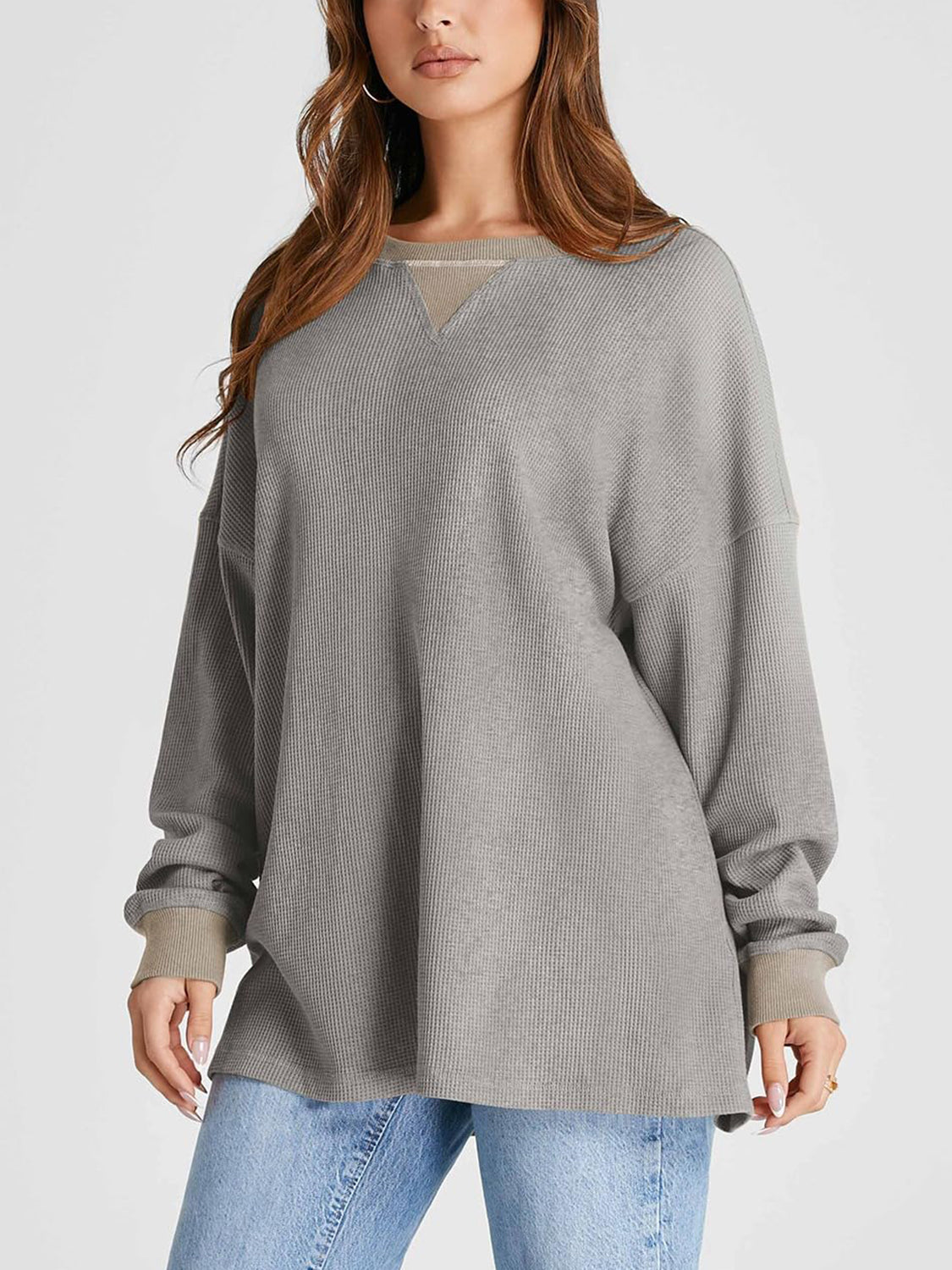 Waffle Knit Round Neck Long Sleeve T-Shirt for a perfect OOTD – dress to impress outfits from Amexza