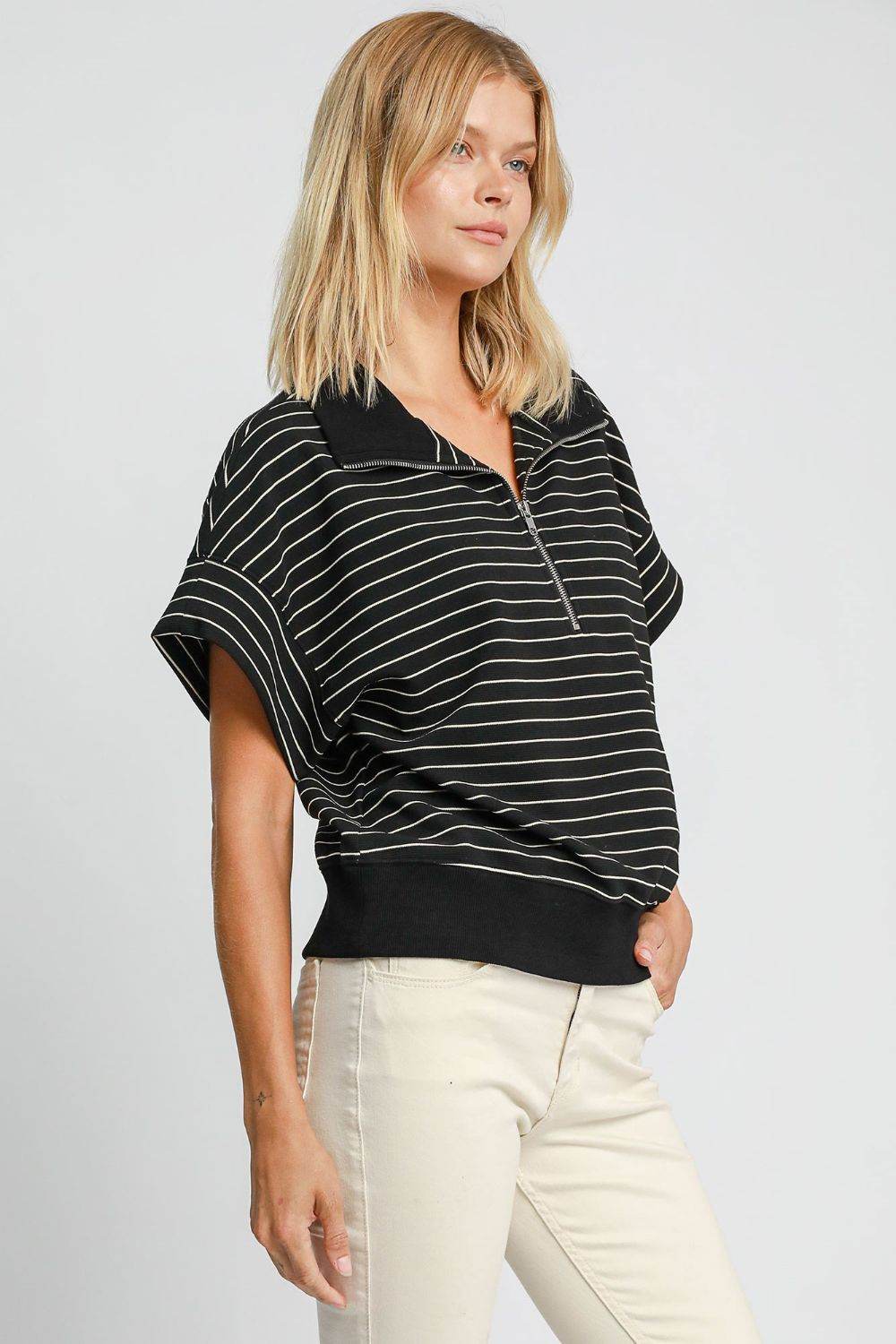 Umgee Striped Half Zip Short Sleeve Sweatshirt for a perfect OOTD – dress to impress outfits from Amexza