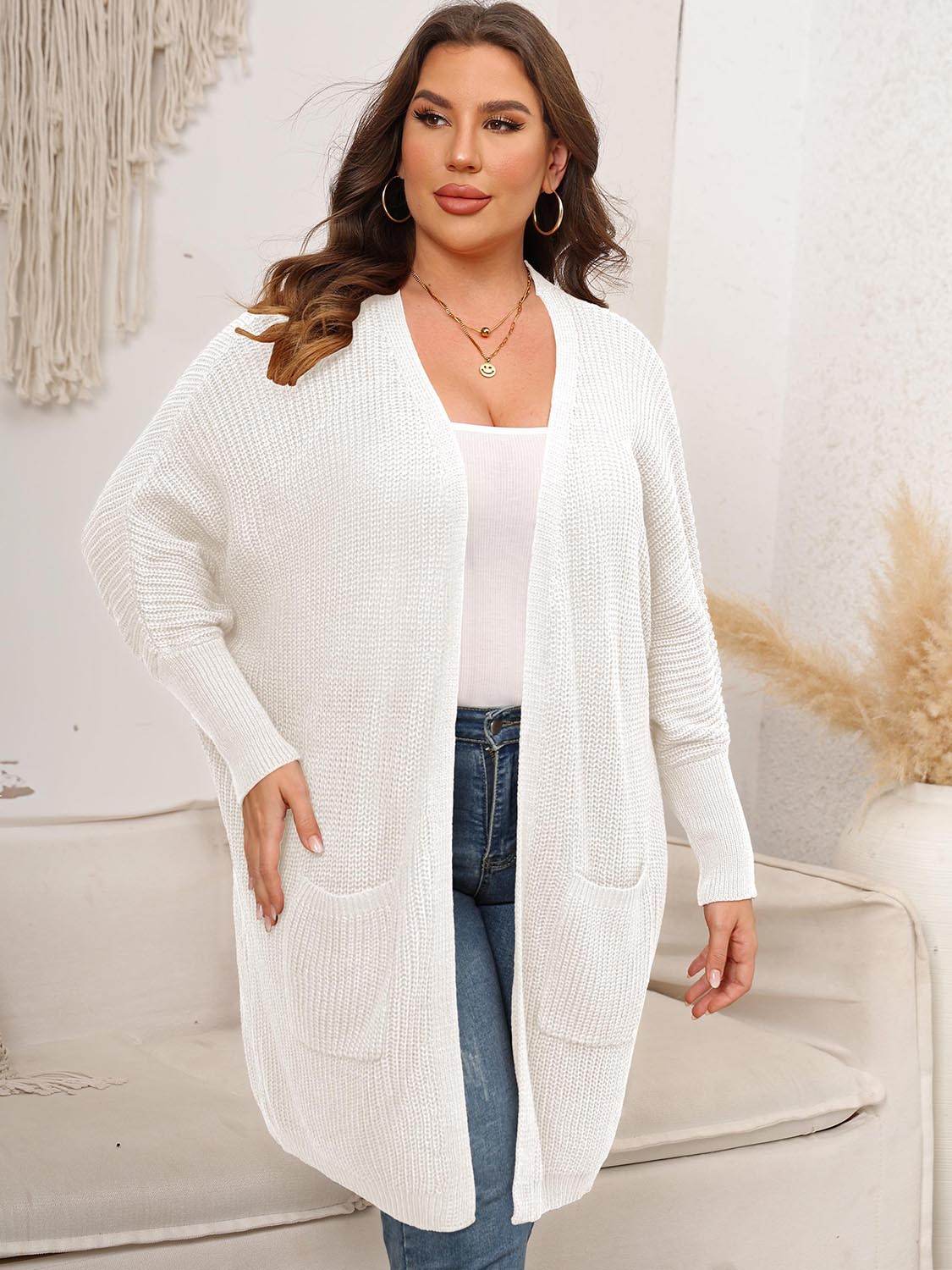 Plus Size Open Front Cardigan With Pockets - Amexza