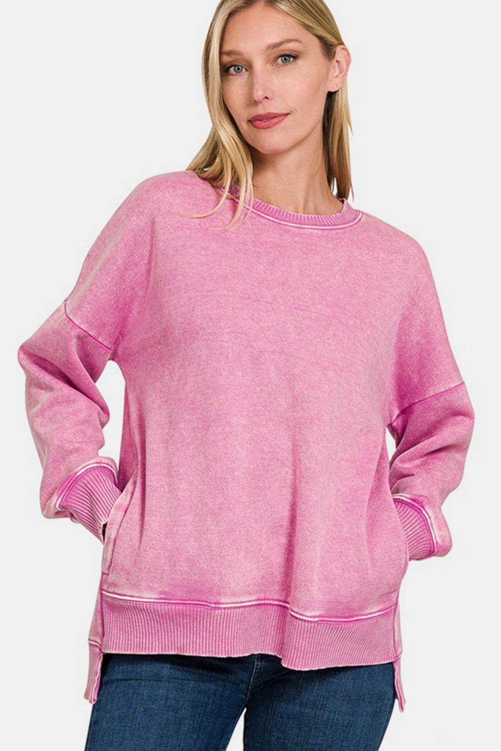 Zenana High-Low Acid Wash Fleece Sweatshirt for a perfect OOTD – dress to impress outfits from Amexza