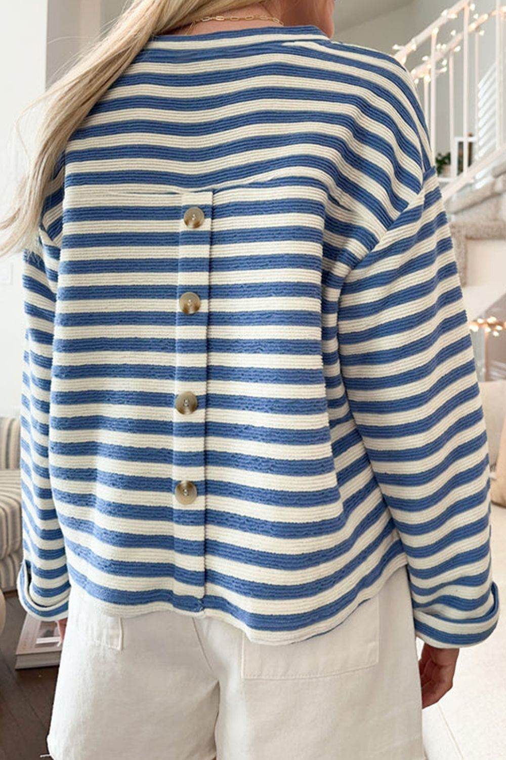 Stripe Chest Pocket Notched Top - Amexza