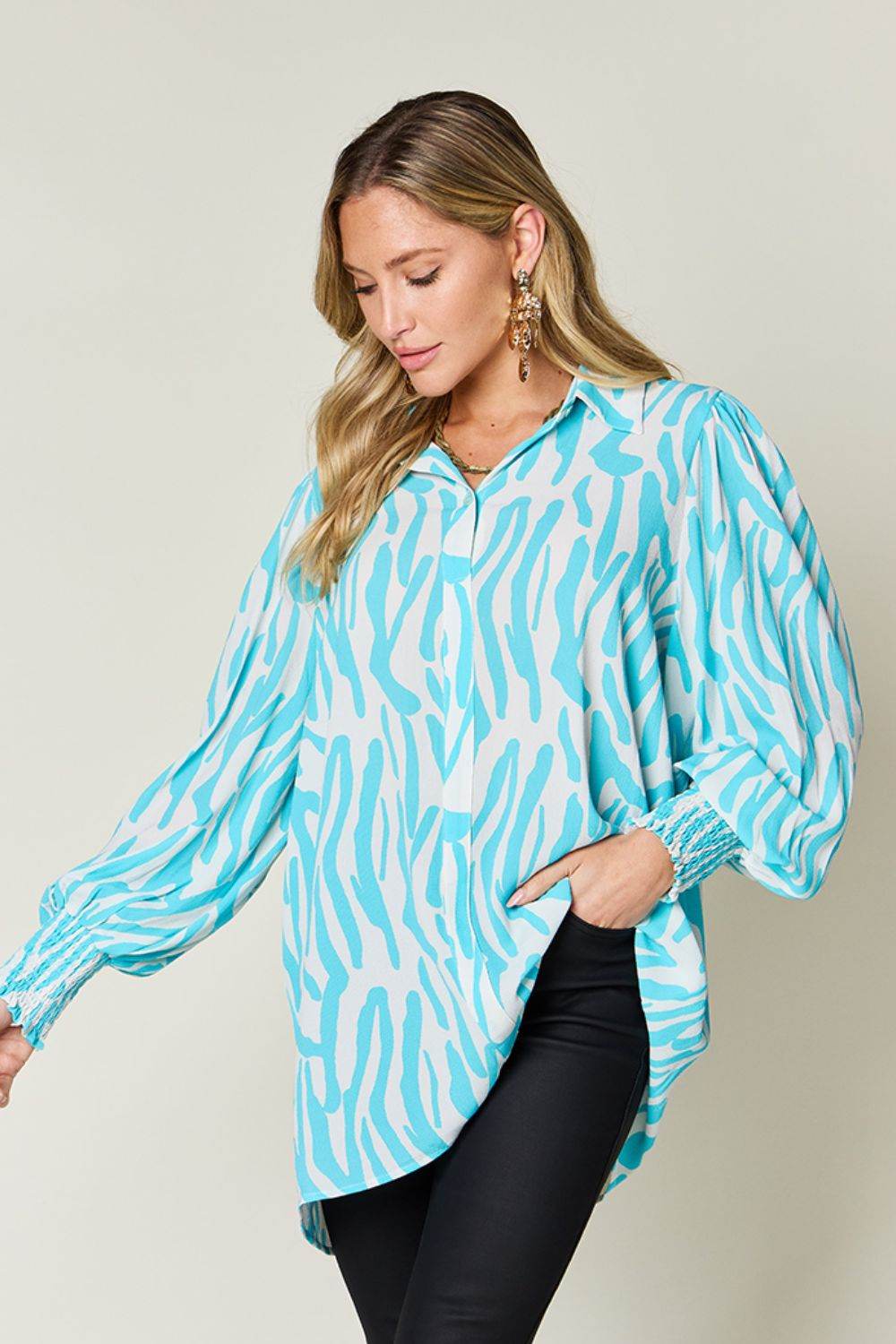 Double Take Full Size Printed Smocked Long Sleeve Blouse for a perfect OOTD – dress to impress outfits from Amexza