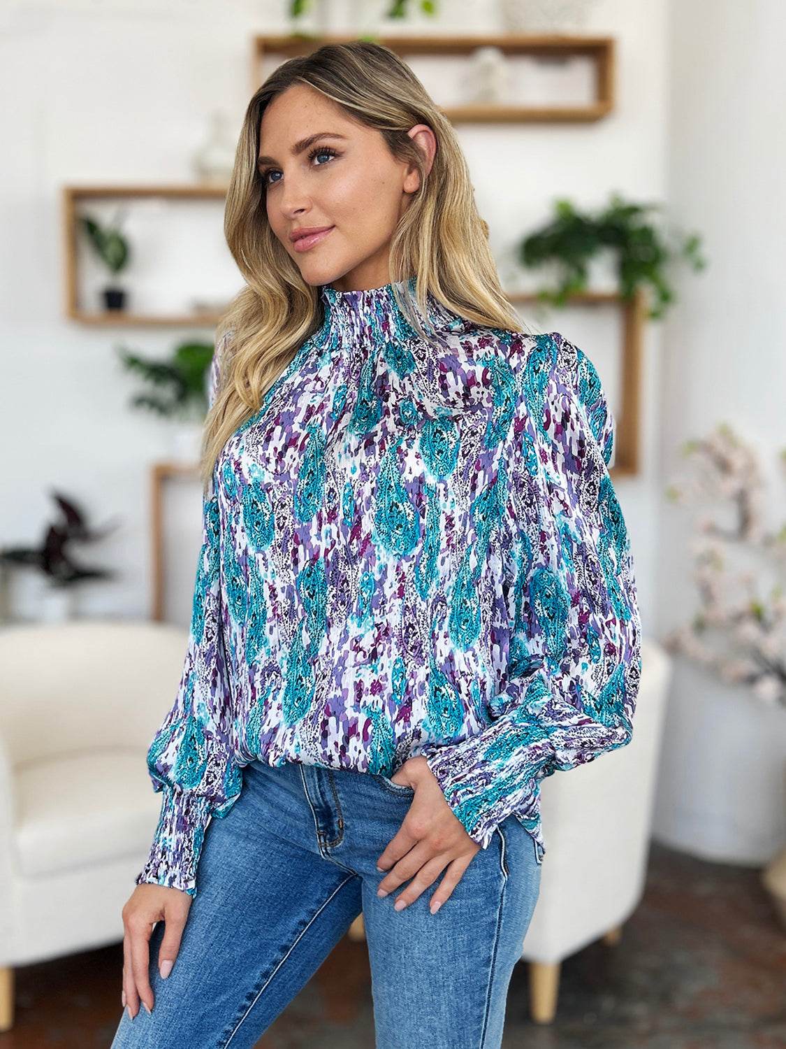 Double Take Full Size Printed Smocked Long Sleeve Blouse for a perfect OOTD – dress to impress outfits from Amexza