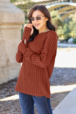 Basic Bae Full Size Ribbed Round Neck Long Sleeve Knit Top Rust for a perfect OOTD – dress to impress outfits from Amexza