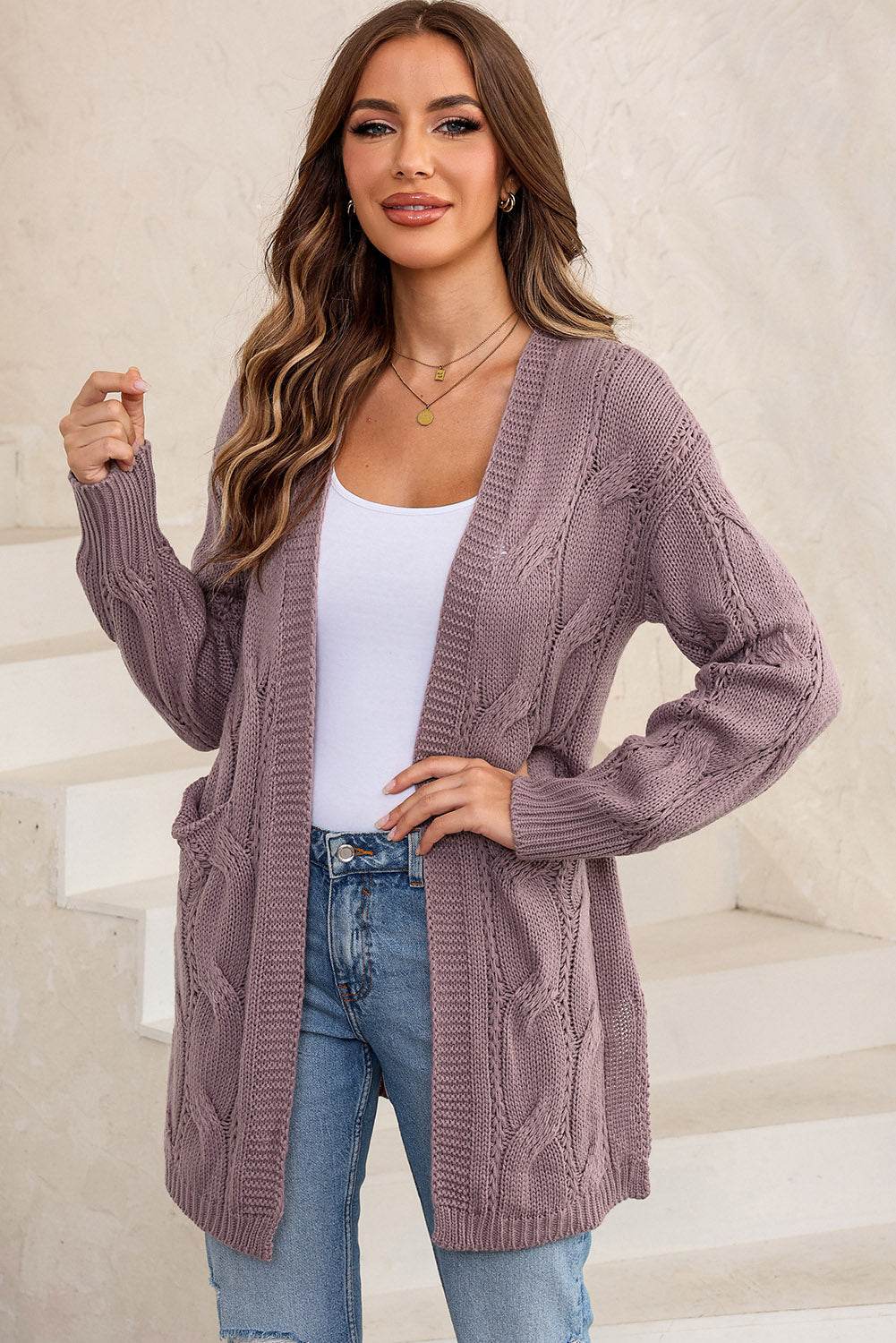 Cable-Knit Dropped Shoulder Slit Cardigan Lilac for a perfect OOTD – dress to impress outfits from Amexza