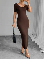 Round Neck Short Sleeve Bodycon Midi Dress