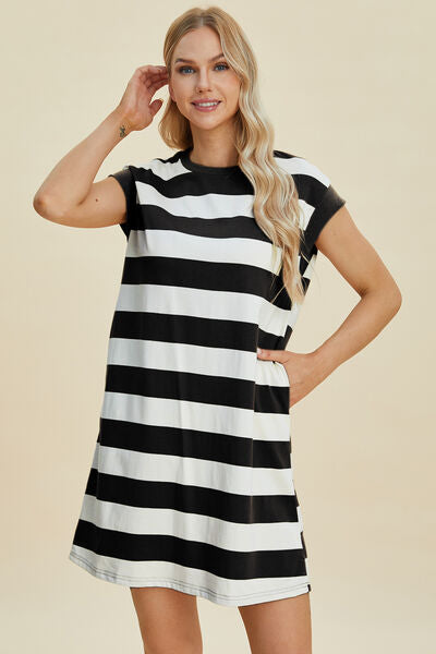 Basic Bae Full Size Striped Round Neck Cap Sleeve Mini Dress Black for a perfect OOTD – dress to impress outfits from Amexza