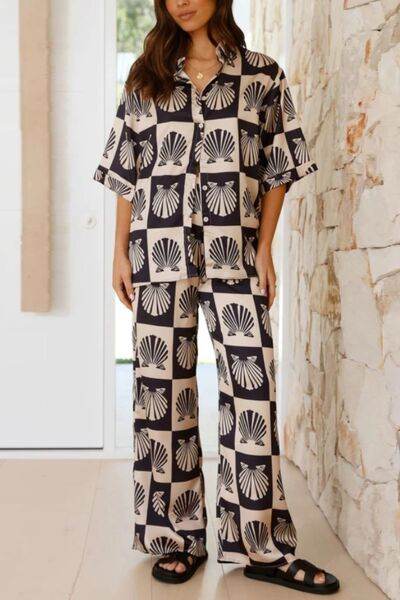 Printed Collared Neck Top and Wide Leg Pants Set for a perfect OOTD – dress to impress outfits from Amexza