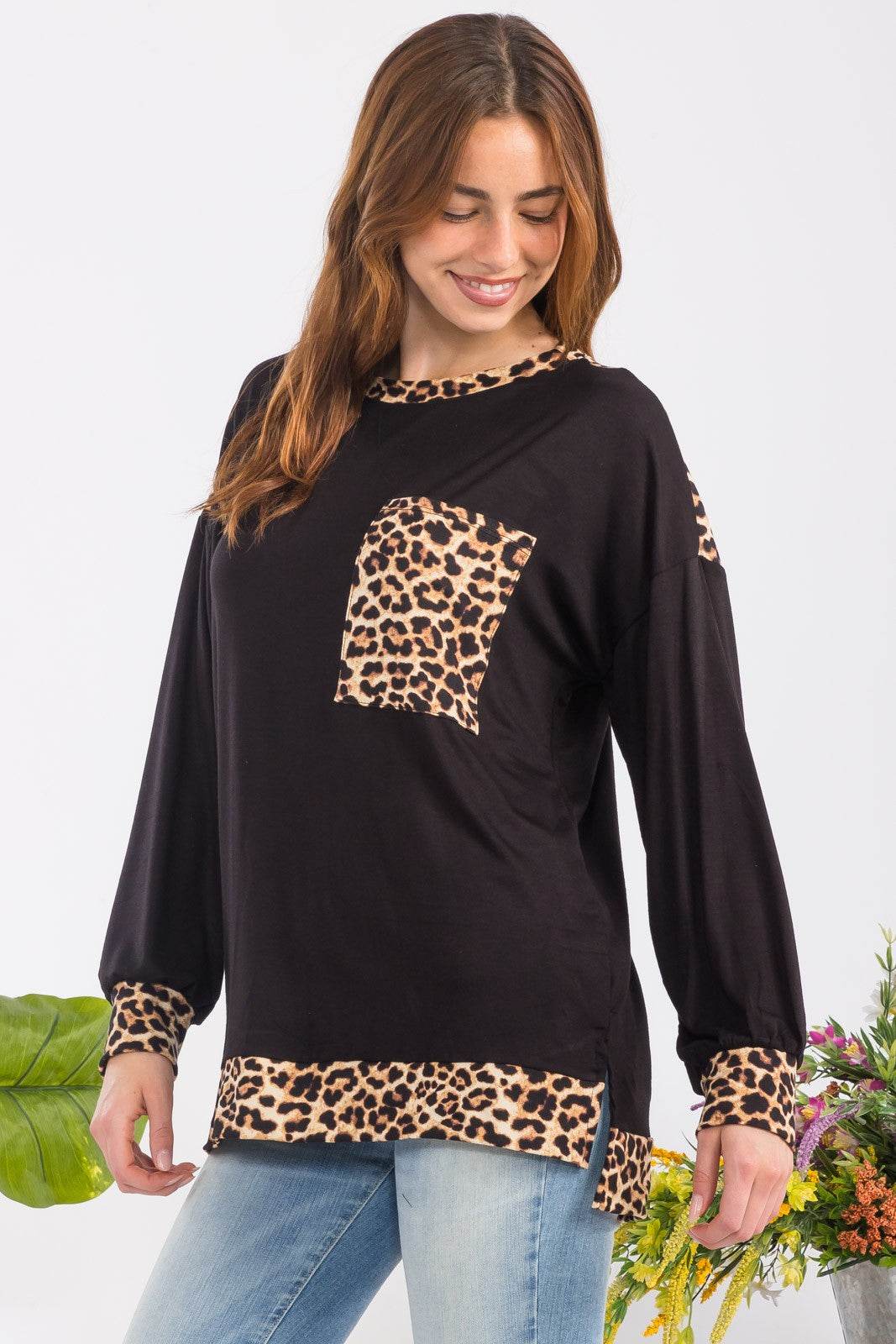 Celeste Full Size Leopard Round Neck Dropped Shoulder T-Shirt - Amexza