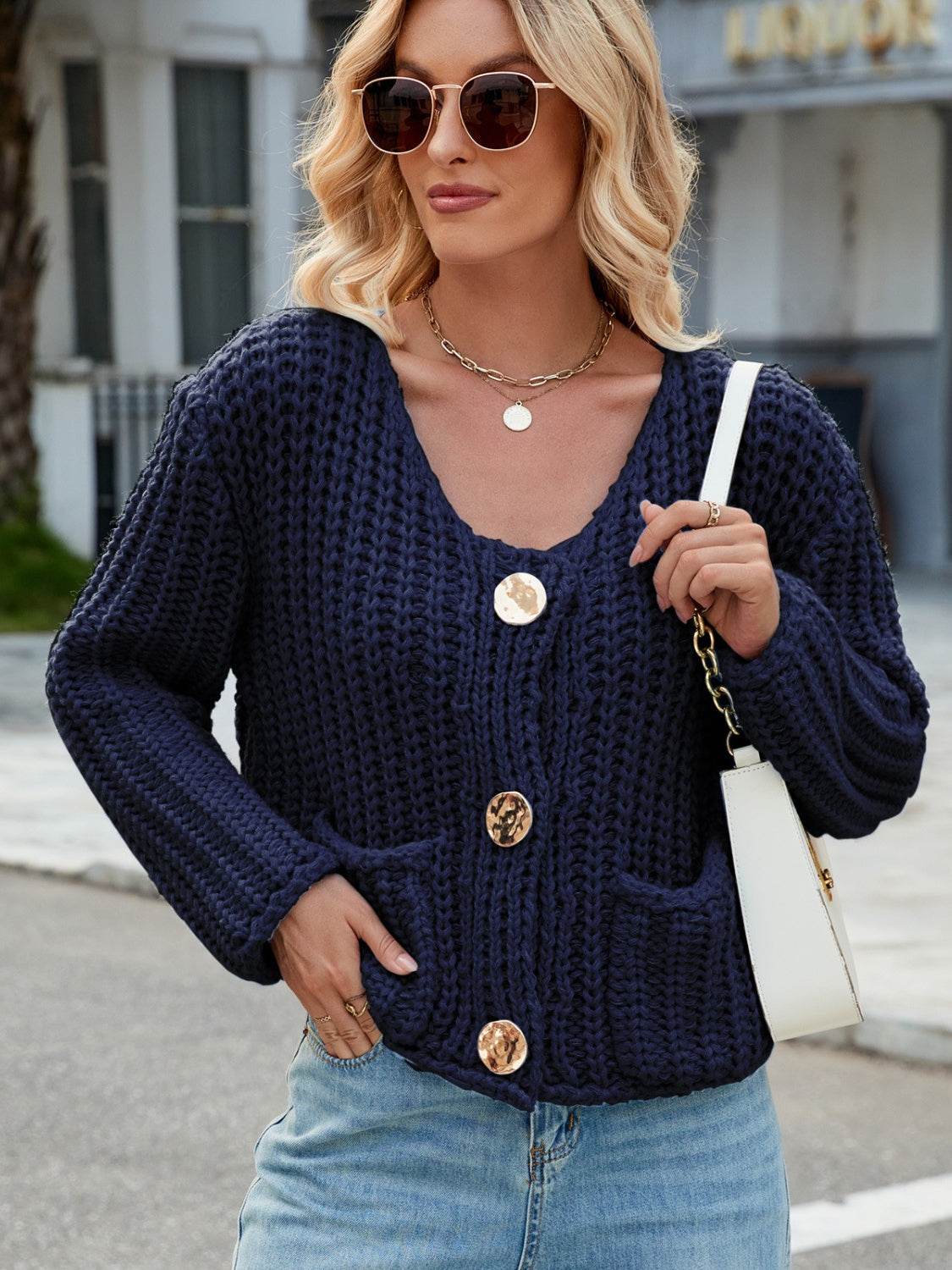 Round Neck Button Up Cardigan with Pockets - Amexza