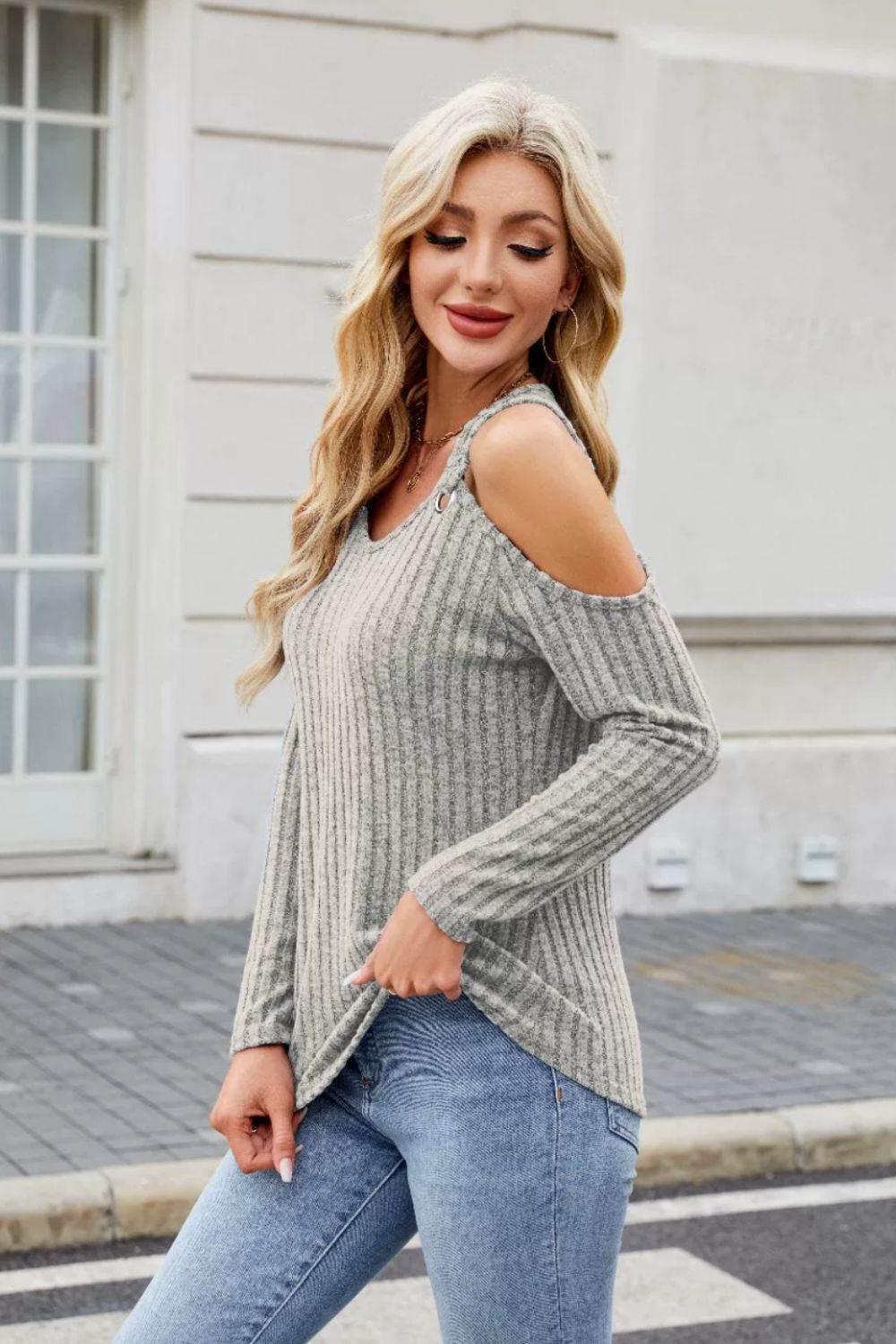 Ribbed Cold Shoulder Long Sleeve Top - Amexza