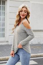 Ribbed Cold Shoulder Long Sleeve Top - Amexza