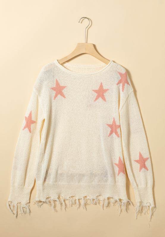 Contrast Star Raw Hem Long Sleeve Knit Top - Amexza