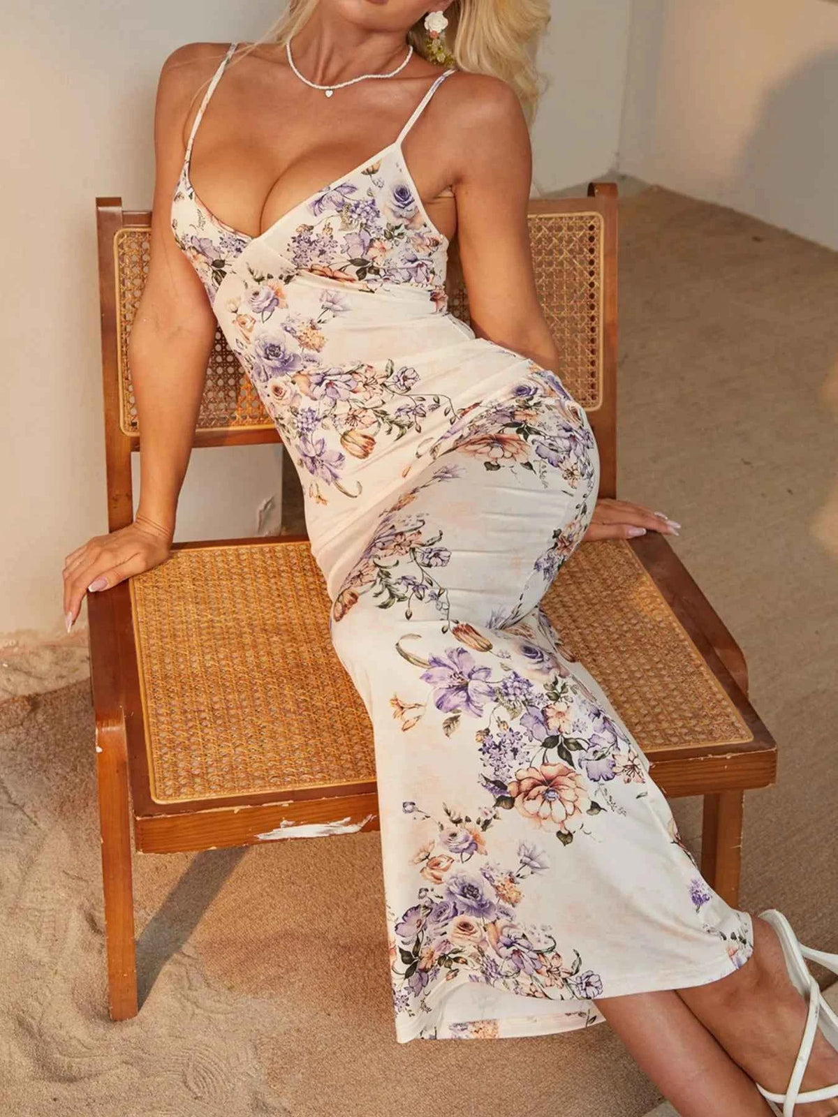 Floral Print Bodycon Maxi Dress with Spaghetti Straps