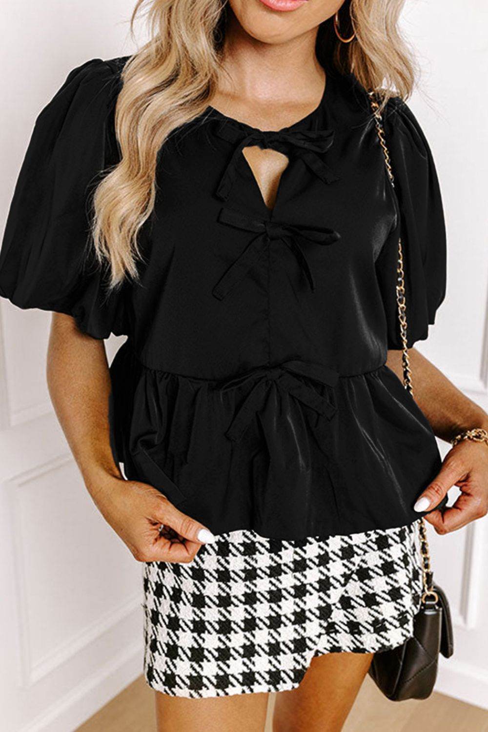 Cutout Round Neck Puff Sleeve Blouse Black for a perfect OOTD – dress to impress outfits from Amexza