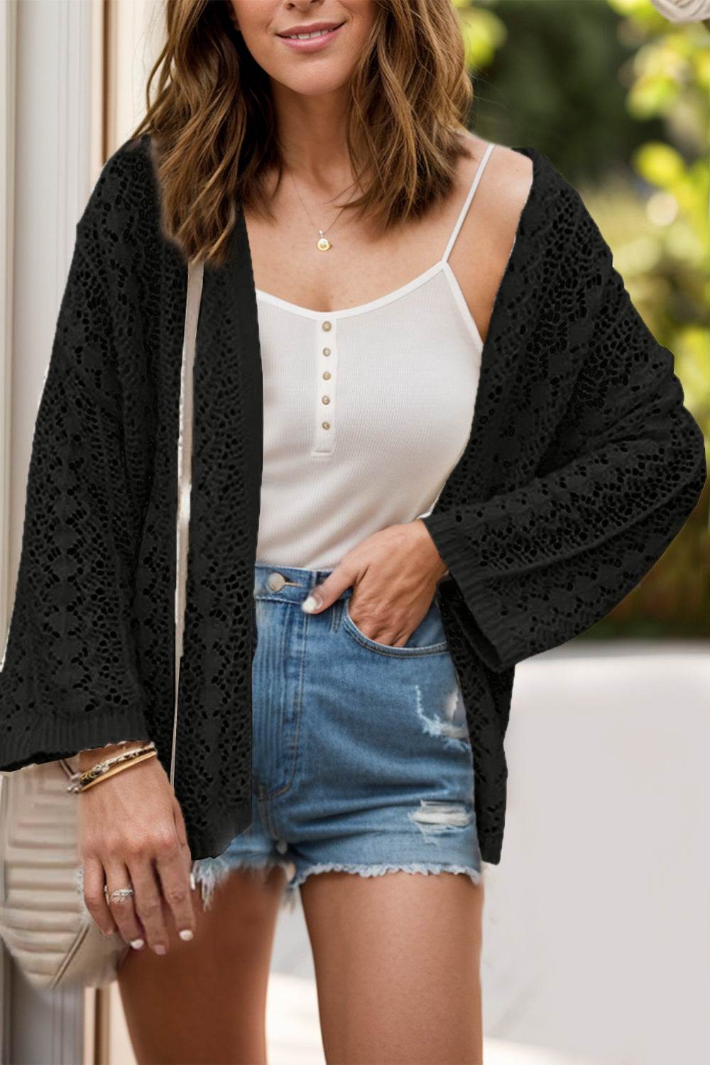 Openwork Open Front Dropped Shoulder Cardigan - Amexza