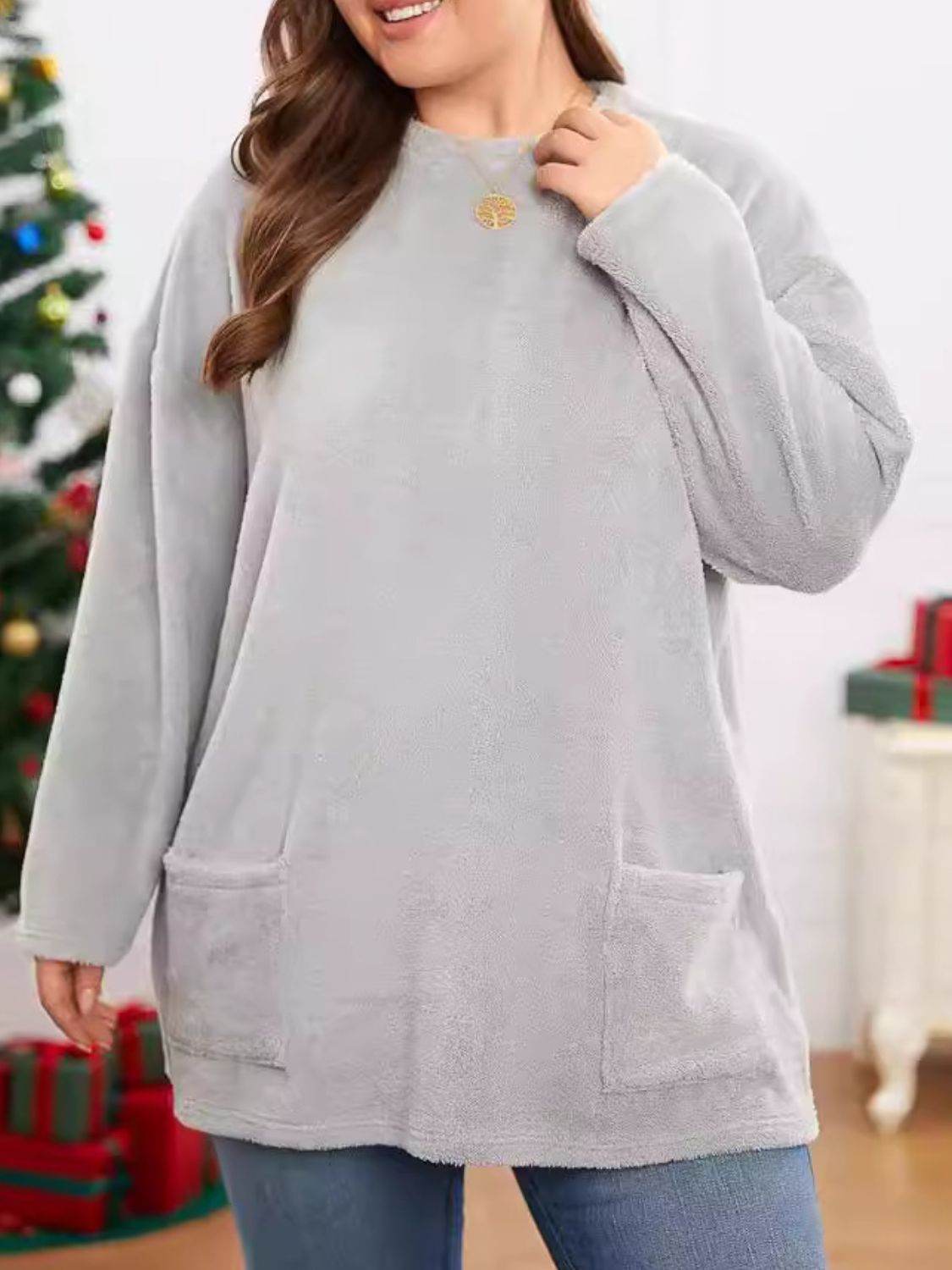 Fuzzy Round Neck Long Sleeve Top for a perfect OOTD – dress to impress outfits from Amexza