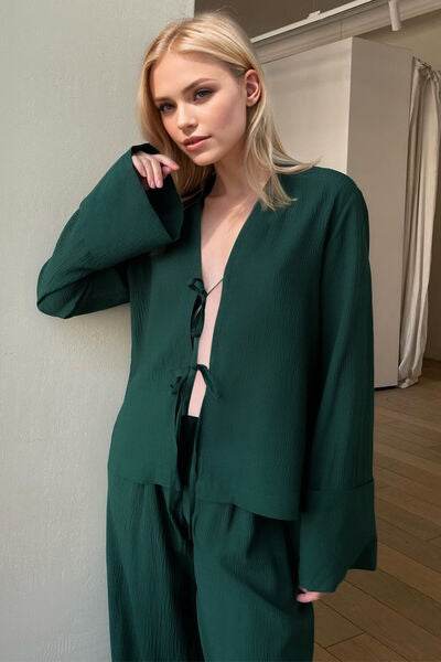 Basic Bae Breathable Double Tie Long Sleeve Top and Pants Set - Amexza