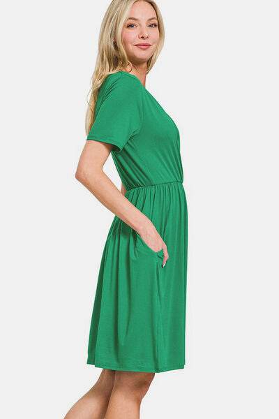 Zenana Surplice Short Sleeve Brushed DTY Dress for a perfect OOTD – dress to impress outfits from Amexza