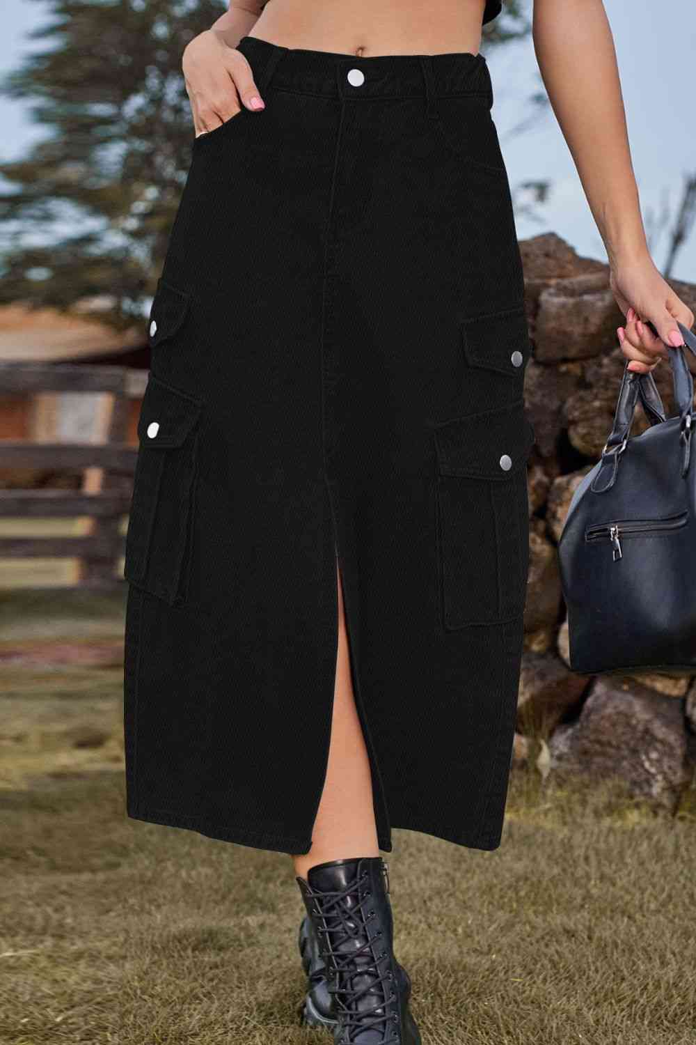 Slit Front Midi Denim Skirt with Pockets Black for a perfect OOTD – dress to impress outfits from Amexza