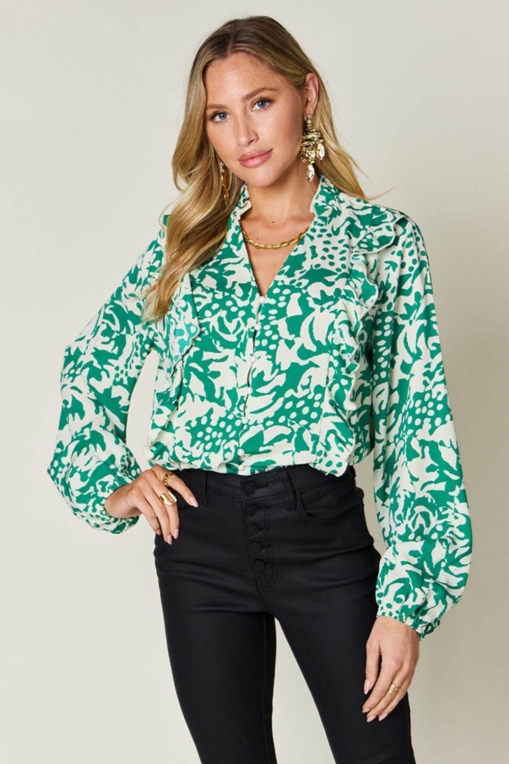 Double Take Full Size Printed Ruffle Trim Balloon Sleeve Shirt Mid Green for a perfect OOTD – dress to impress outfits from Amexza