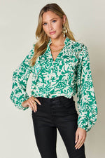 Double Take Full Size Printed Ruffle Trim Balloon Sleeve Shirt - Amexza