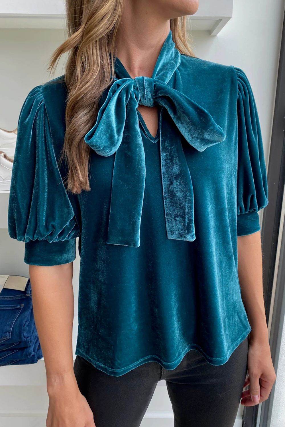 Tie Neck Half Sleeve Blouse for a perfect OOTD – dress to impress outfits from Amexza