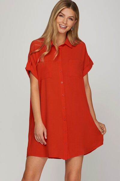 She + Sky Full Size Button Down Short Sleeve Woven Shirt Dress Plus Size Deep Red for a perfect OOTD – dress to impress outfits from Amexza