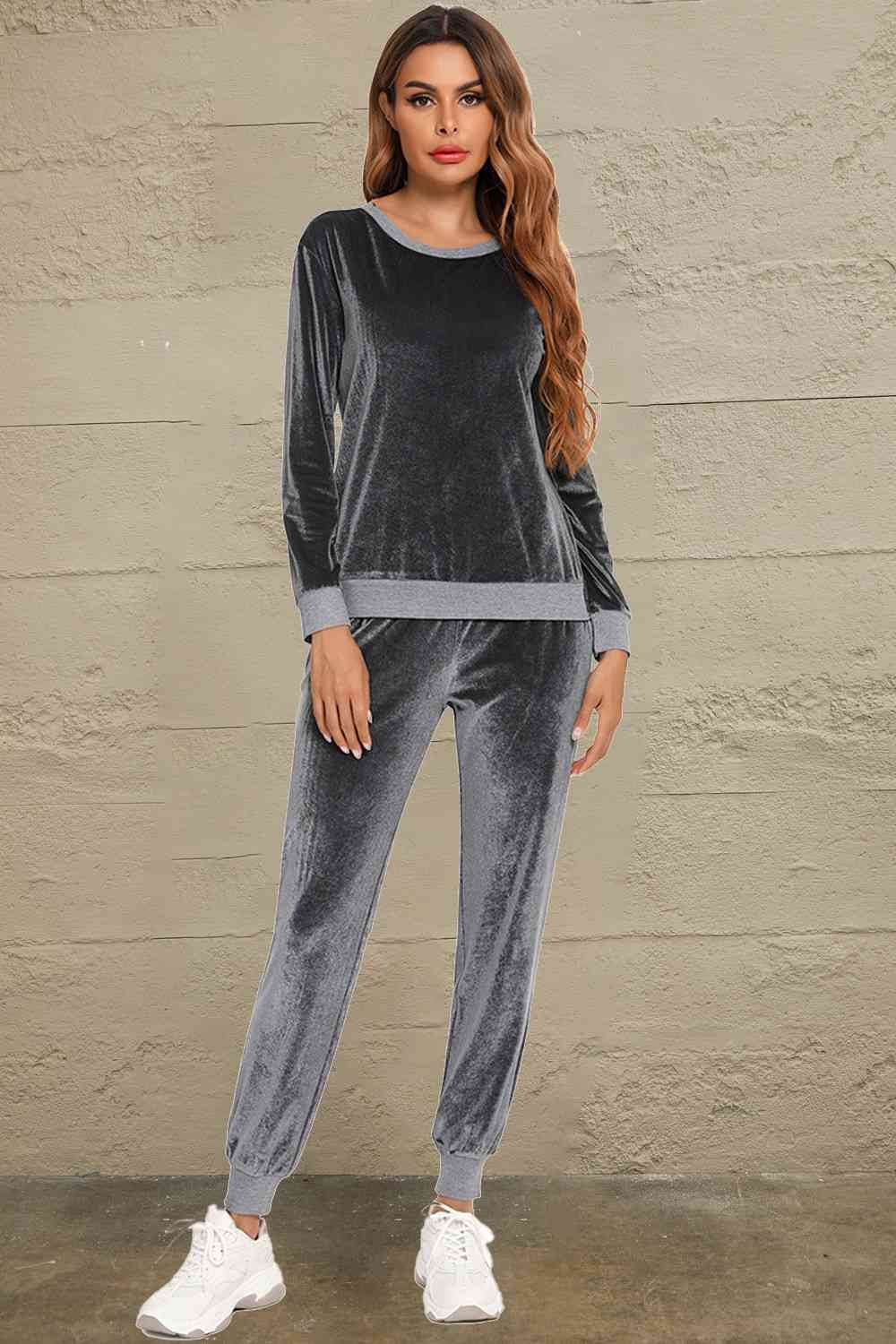 Round Neck Long Sleeve Loungewear Set with Pockets Charcoal for a perfect OOTD – dress to impress outfits from Amexza