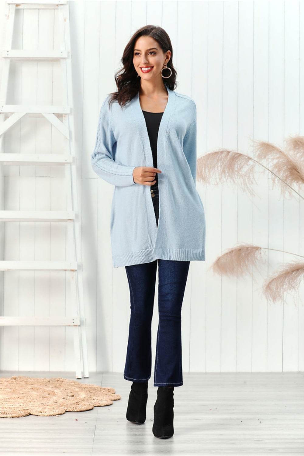 Cable-Knit Open Front Long Sleeve Cardigan for a perfect OOTD – dress to impress outfits from Amexza