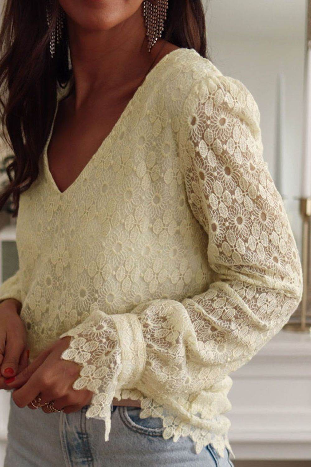 Lace Detail V-Neck Long Sleeve Blouse - Amexza