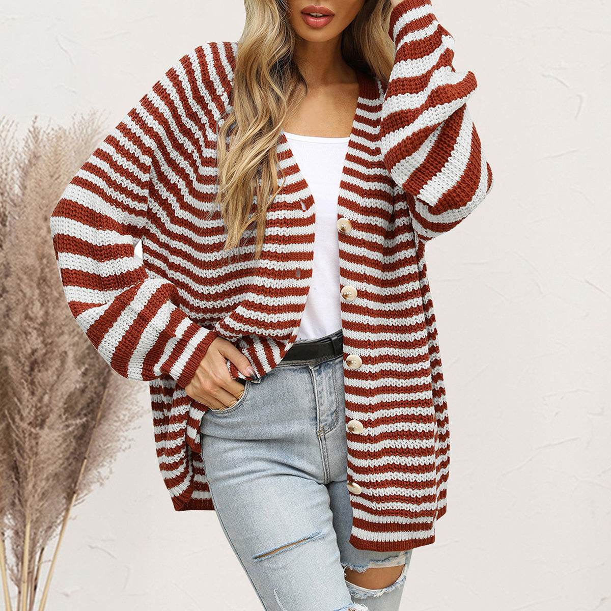 Striped Button Down Long Sleeve Cardigan - Amexza