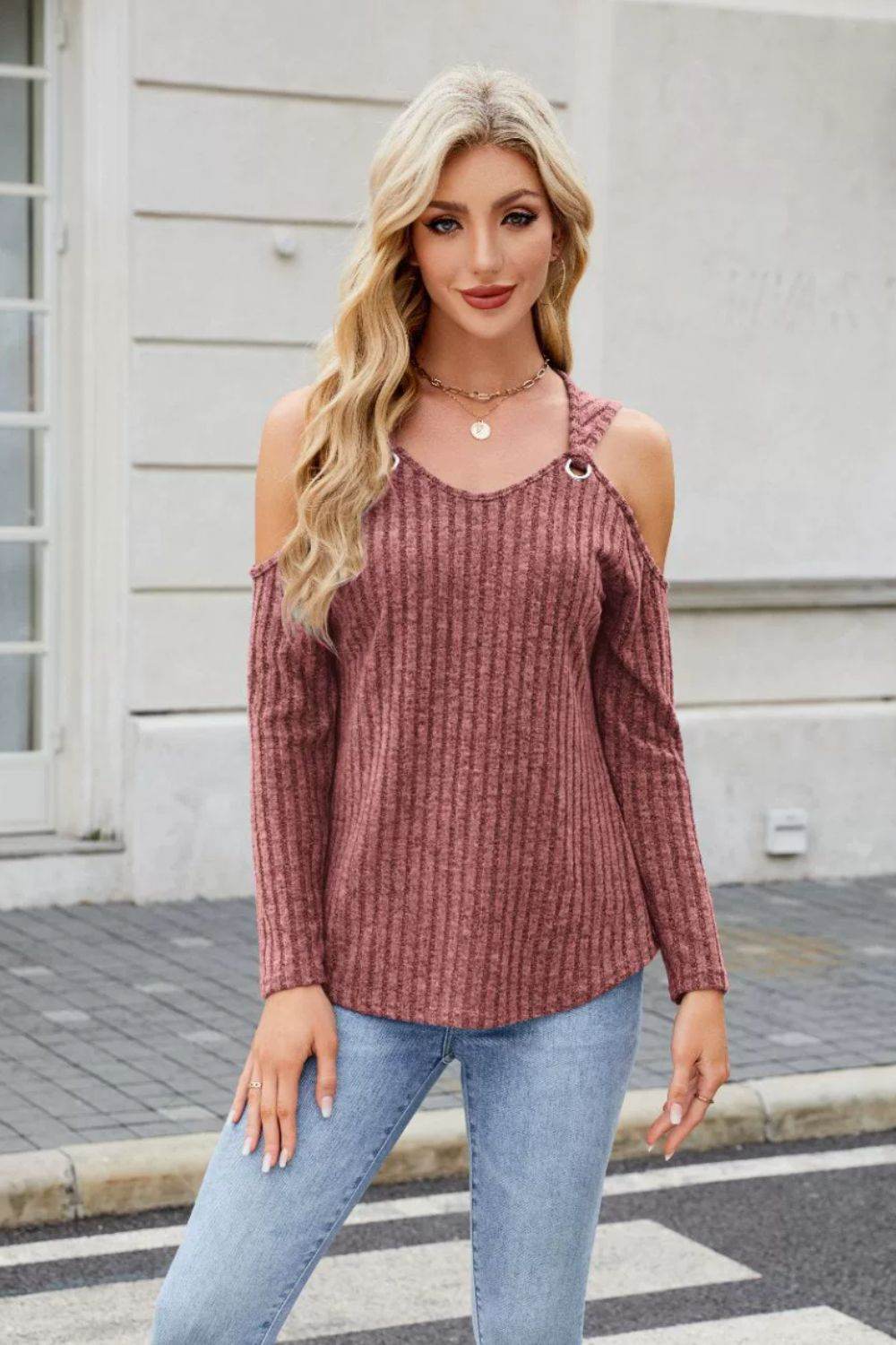 Ribbed Cold Shoulder Long Sleeve Top - Amexza