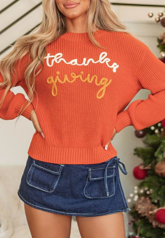 THANKS GIVING Round Neck Long Sleeve Sweater - Amexza