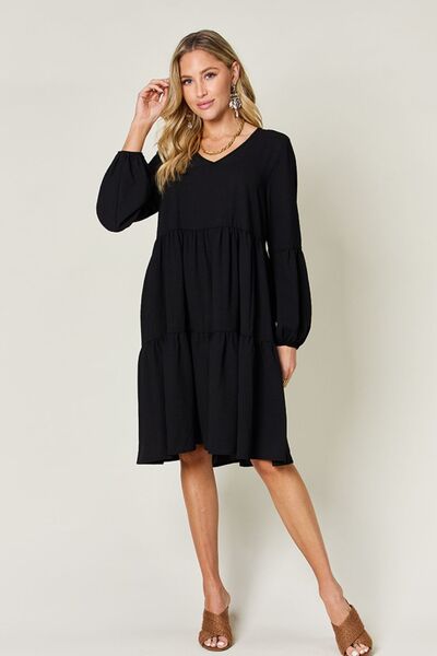 Double Take Full Size V-Neck Balloon Sleeve Tiered Dress with Pockets for a perfect OOTD – dress to impress outfits from Amexza