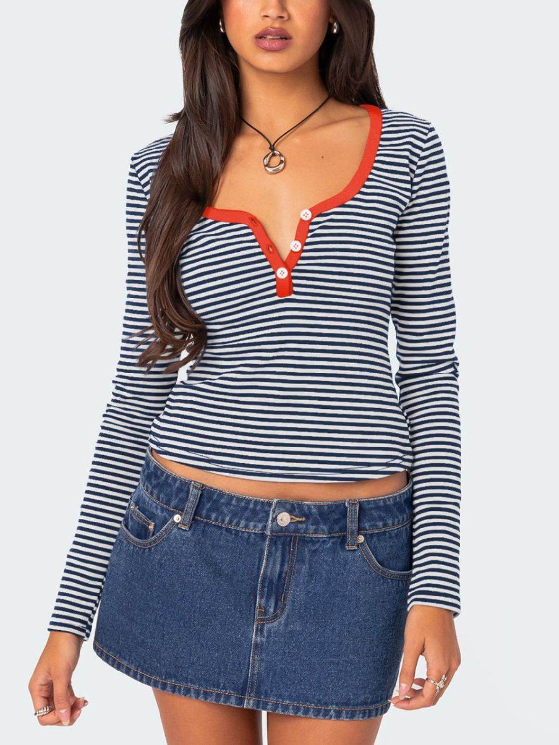 Buttoned Striped Long Sleeve T-Shirt Orange-Red for a perfect OOTD – dress to impress outfits from Amexza