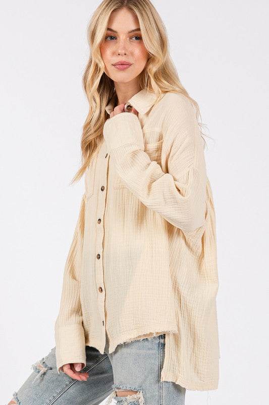 SAGE + FIG Frayed Hem Side Slit Button Down Shirt for a perfect OOTD – dress to impress outfits from Amexza