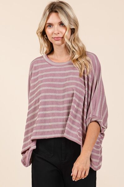 Mittoshop Texture Striped Print Round Neck Dolman Sleeve Top for a perfect OOTD – dress to impress outfits from Amexza