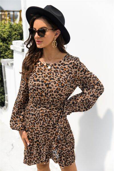 Animal Print Round Neck Balloon Sleeve Mini Dress for a perfect OOTD – dress to impress outfits from Amexza