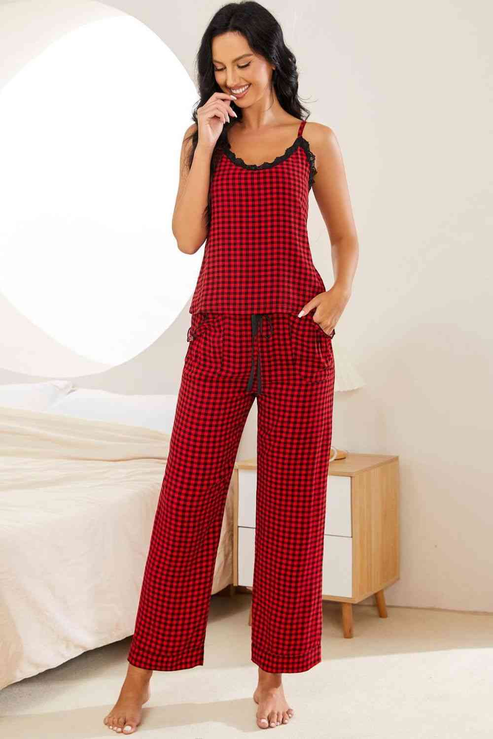 Plaid Lace Trim Cami and Drawstring Pants Pajama Set for a perfect OOTD – dress to impress outfits from Amexza