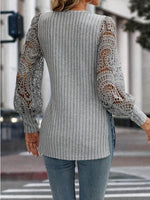 Side Slit V-Neck Lace Long Sleeve T-Shirt - Amexza