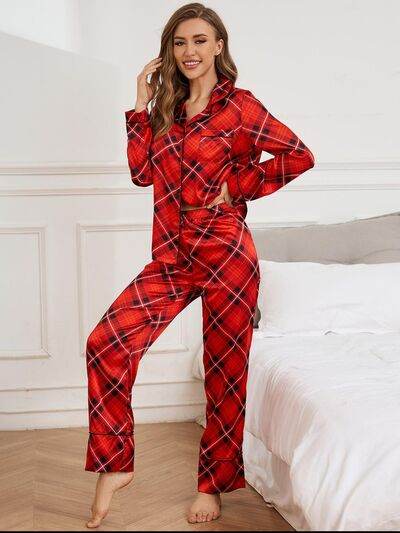 Plaid Button Up Long Sleeve Top and Pants Lounge Set for a perfect OOTD – dress to impress outfits from Amexza