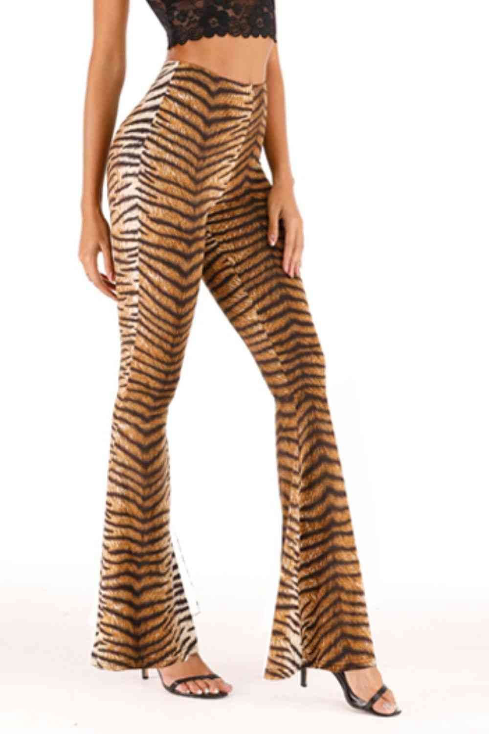 Tiger Print Flare Leg Pants - Amexza