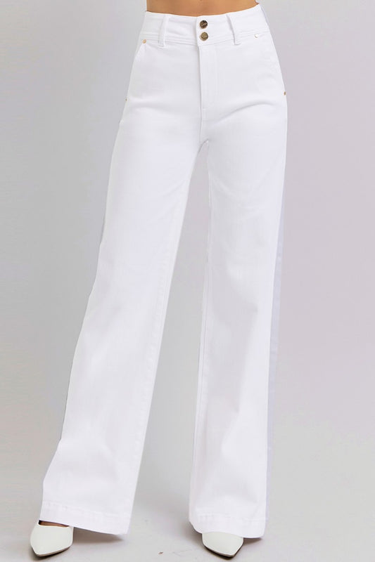 RISEN Full Size Tummy Control Double Button Wide Leg Jeans - White / 0(24)