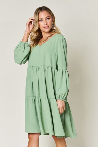 Double Take Full Size V-Neck Balloon Sleeve Tiered Dress with Pockets for a perfect OOTD – dress to impress outfits from Amexza