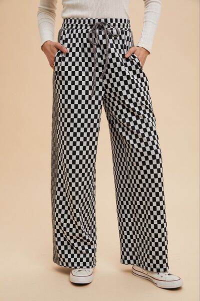 Annie Wear Drawstring Checkered Wide Leg Pants Black for a perfect OOTD – dress to impress outfits from Amexza