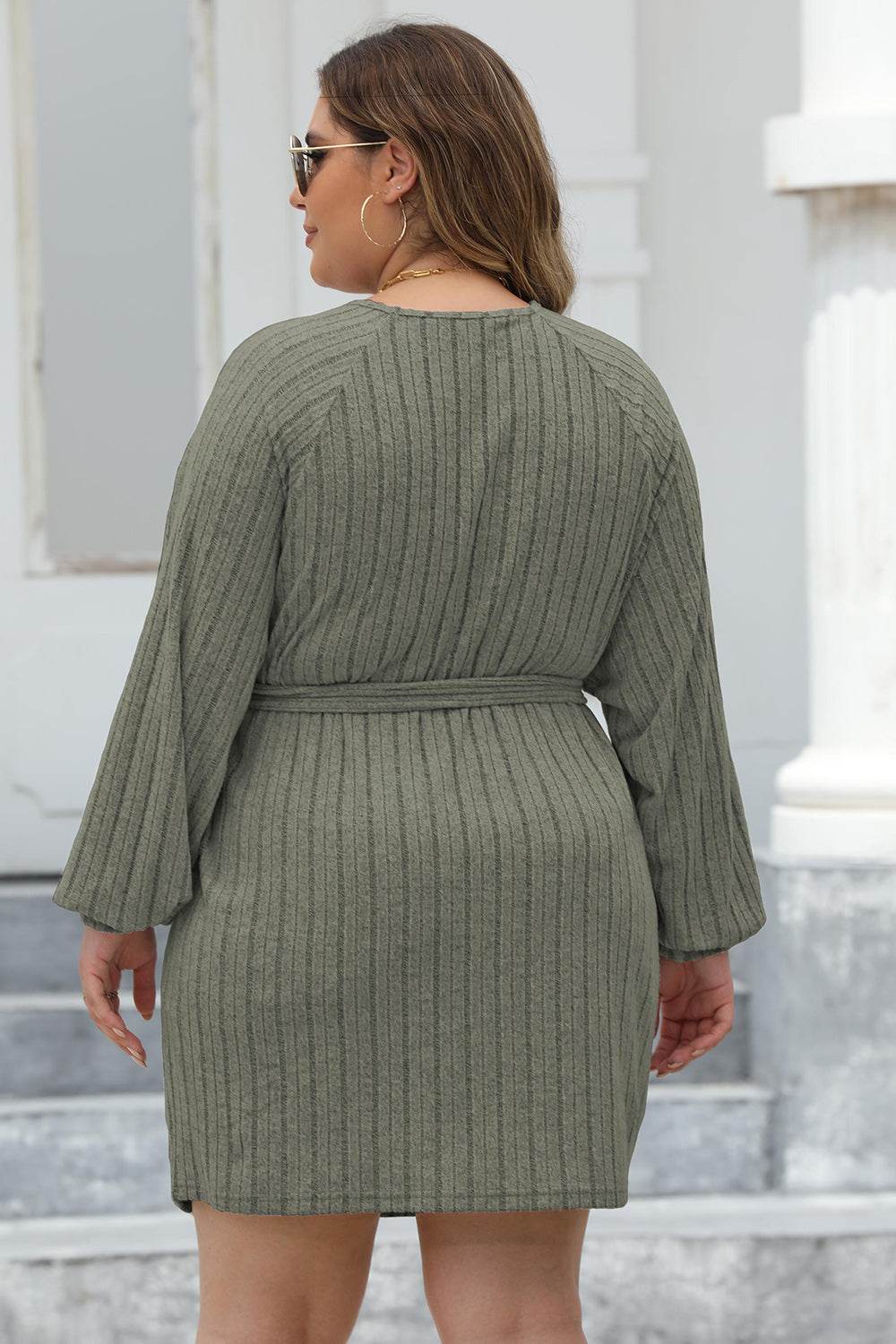 Plus Size Ribbed Tie Front Long Sleeve Sweater Dress for a perfect OOTD – dress to impress outfits from Amexza