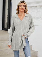 Slit Johnny Collar Long Sleeve T-Shirt - Amexza