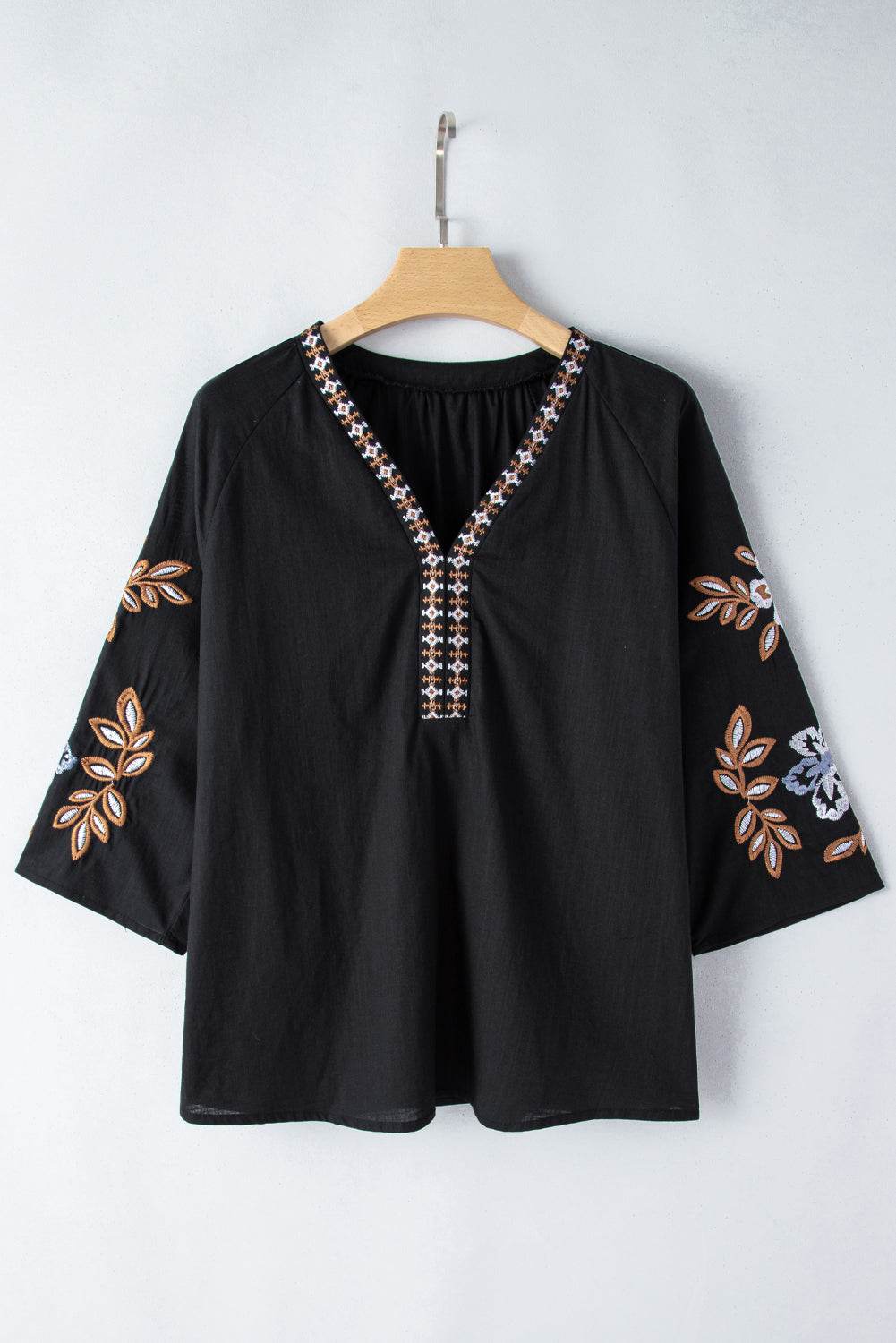 Embroidered V-Neck Three-Quarter Sleeve Blouse - Amexza