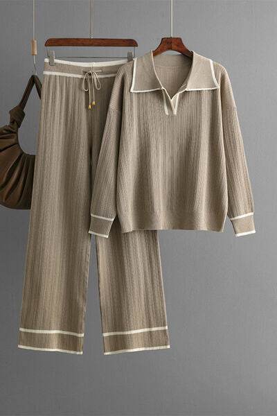 Contrast Trim Johnny Collar Top and Drawstring Pants Sweater Set for a perfect OOTD – dress to impress outfits from Amexza